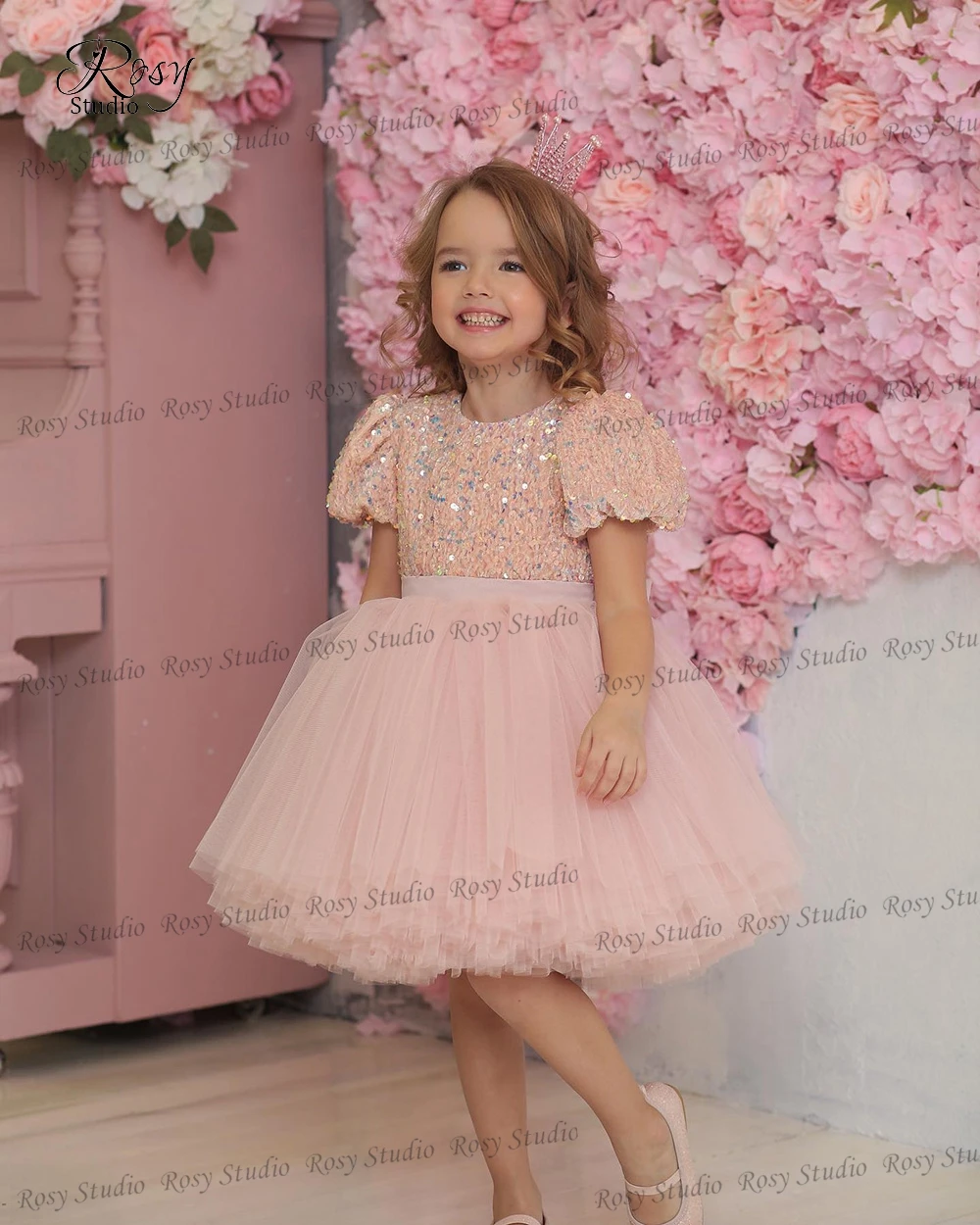 Robe trapèze en Tulle rose à fleurs pour filles, longueur aux genoux, robe de princesse à paillettes, robe courte de première Communion pour mariage