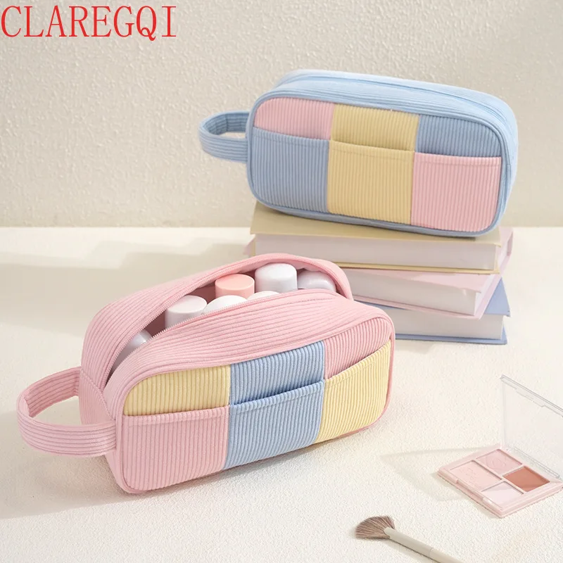 Large capacity travel toiletry bag Fresh and sweet contrasting colors makeup bag Carry with one s hand Corduroy storage bag