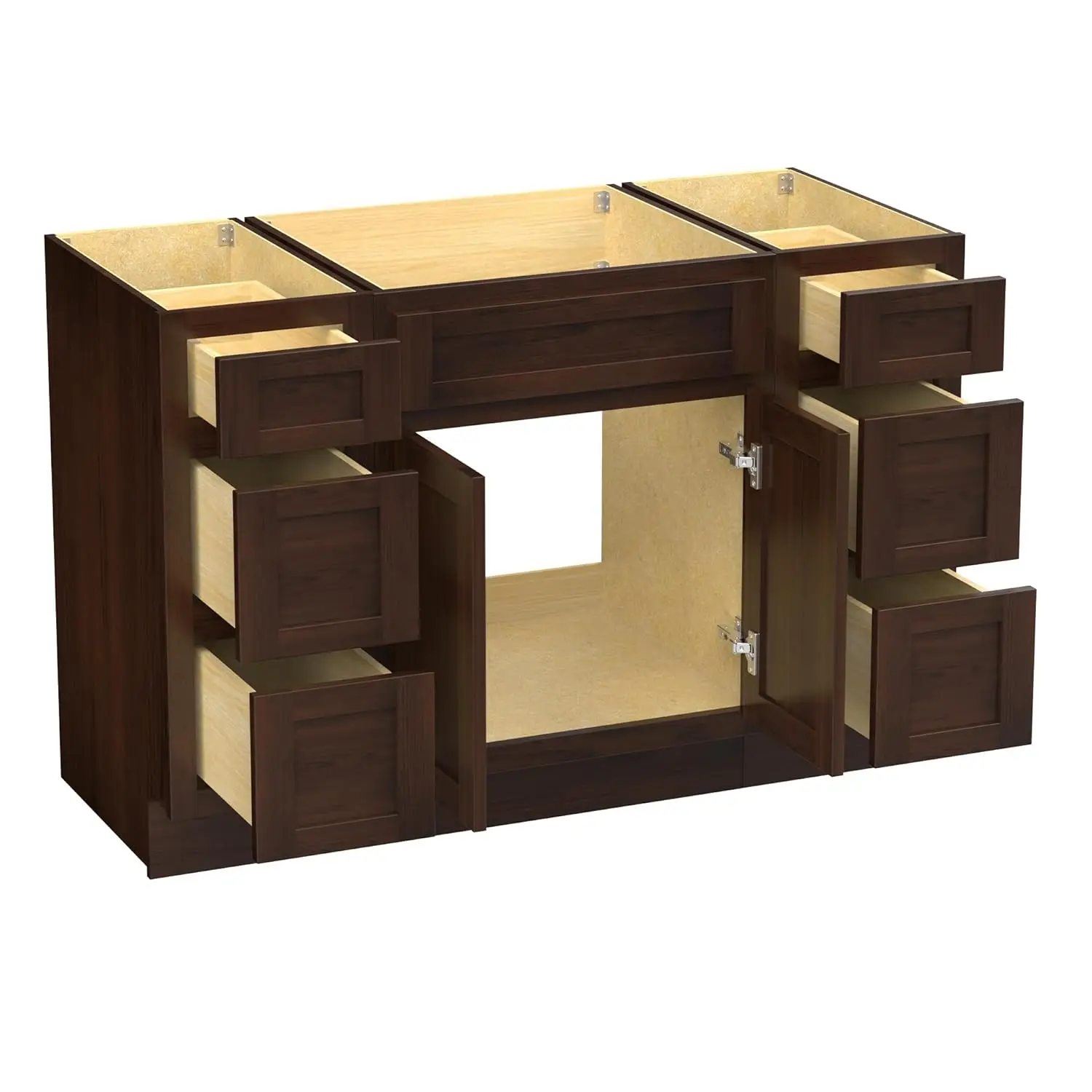 

#54in Bathroom Vanity Base Cabinet with 5 Dovetail Drawers Soft-Close Doors No Top Brown Small, Customized