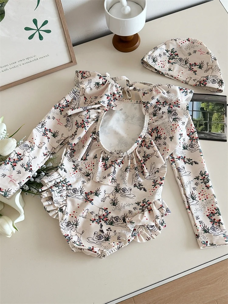 

Children's One-Piece Swimsuit Long Sve Bal Beachwear Girl's Korean Sle New Sun Protection Swimwear R Brand 2024