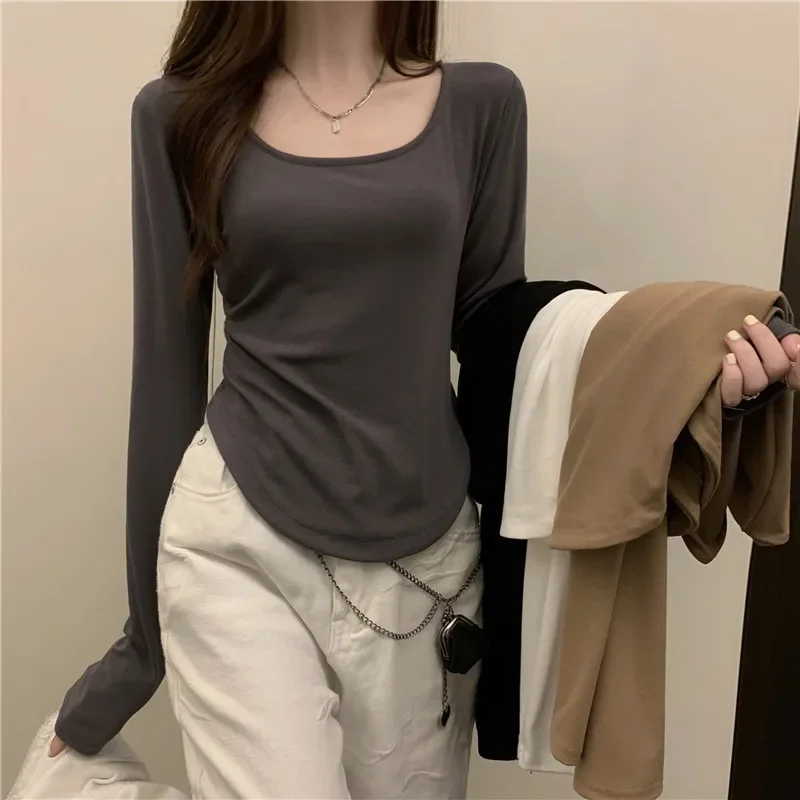

Nice Square Neck Long Sleeve T-Shirt Women Spring Autumn New Irregular Hem Slim Casual Top Winter Solid Bottom Shirts Korean N