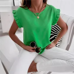 Women's Round Neck Pleated Patchwork Short Sleeved Shirt Elegant Green Pullover Blouse Tops Ladies Solid Color Femme Blusas Top