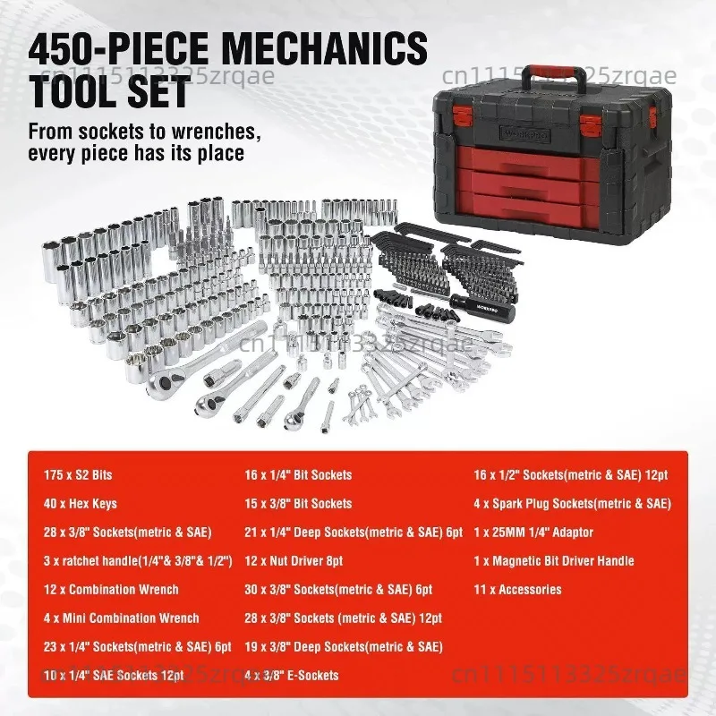 450-Piece Mechanics Tool Set, Universal Professional Tool Kit with Heavy Duty Case Box