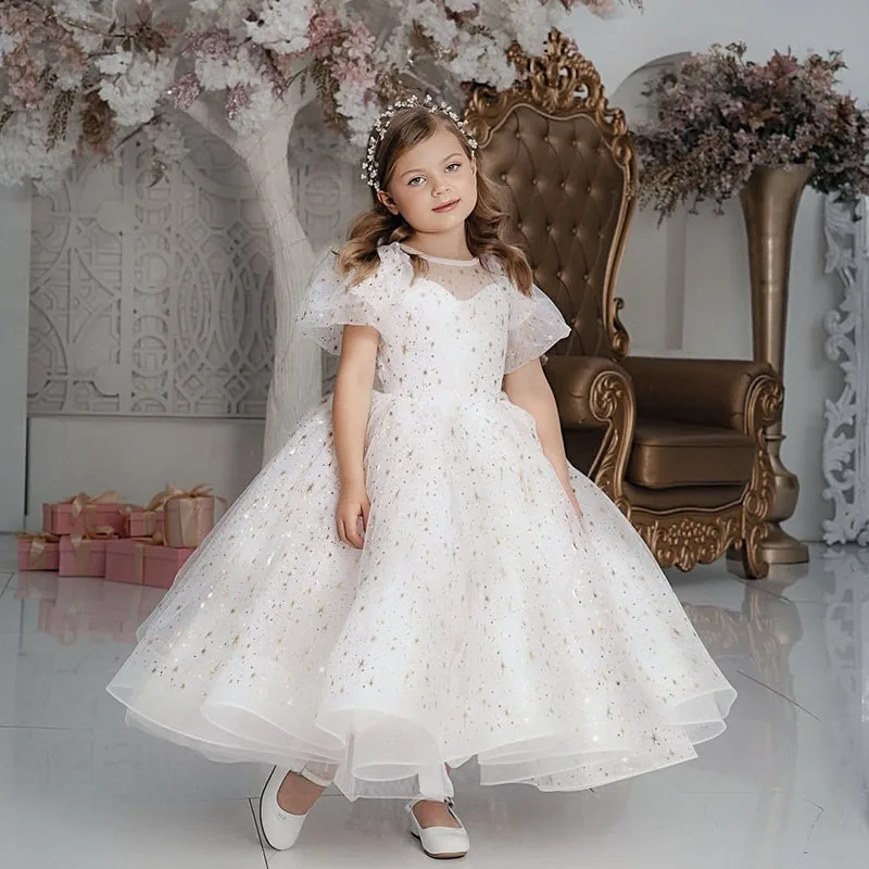 

SUMNUS Princess White A-Line Flower Girl Dresses Stars O-Neck Ankle-Length Wedding Occasion Gowns 2025 Customized