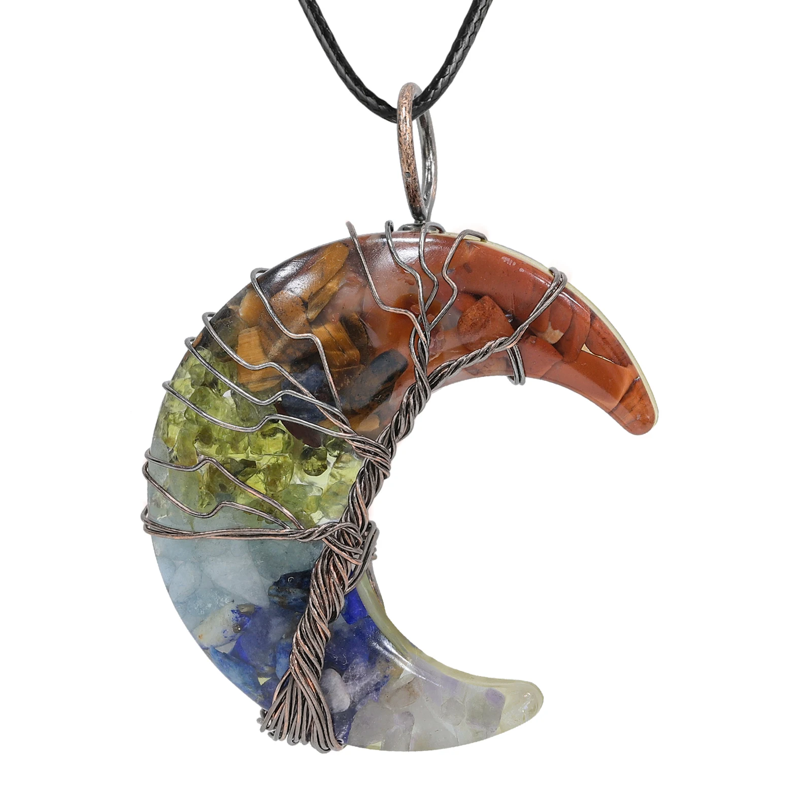 

SUNYIK Natural Crystal Stone Gravel Resin Casting Moon Copper Wire Wrap To Tree Pendant Reiki Healing Crystal Antique Jewelry
