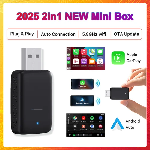2025New cableado a inalámbrico Carplay Android Auto 2 en 1 Mini adaptador Dongle conexión automática Plug & Play Bluetooth WiFi Universal Mini caja