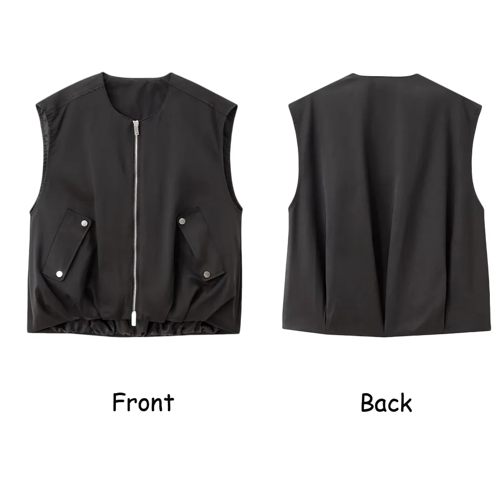 TRAF ZR Normcore O-neck Waistcoat Women's Tonal Lined Vest Coats Back Pleats Causal Solid Sleeveless Outerwear Zipper Fly Top