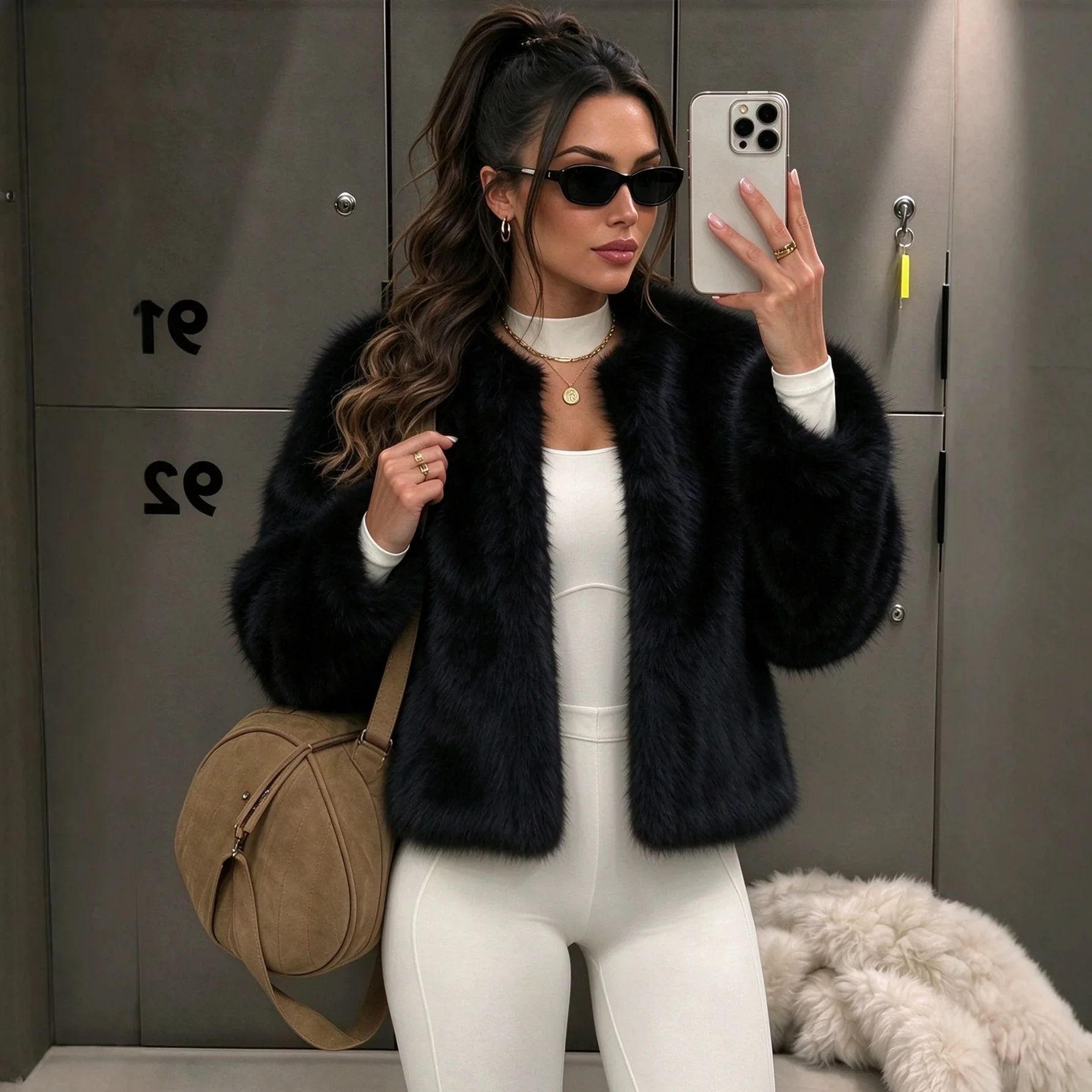 Women Coat Faux Fox Fur Coats Round Neck Full Sleeve Open Front Fluffy Casual Overcoat Autumn Winter Thick Warm Outerwear 2026