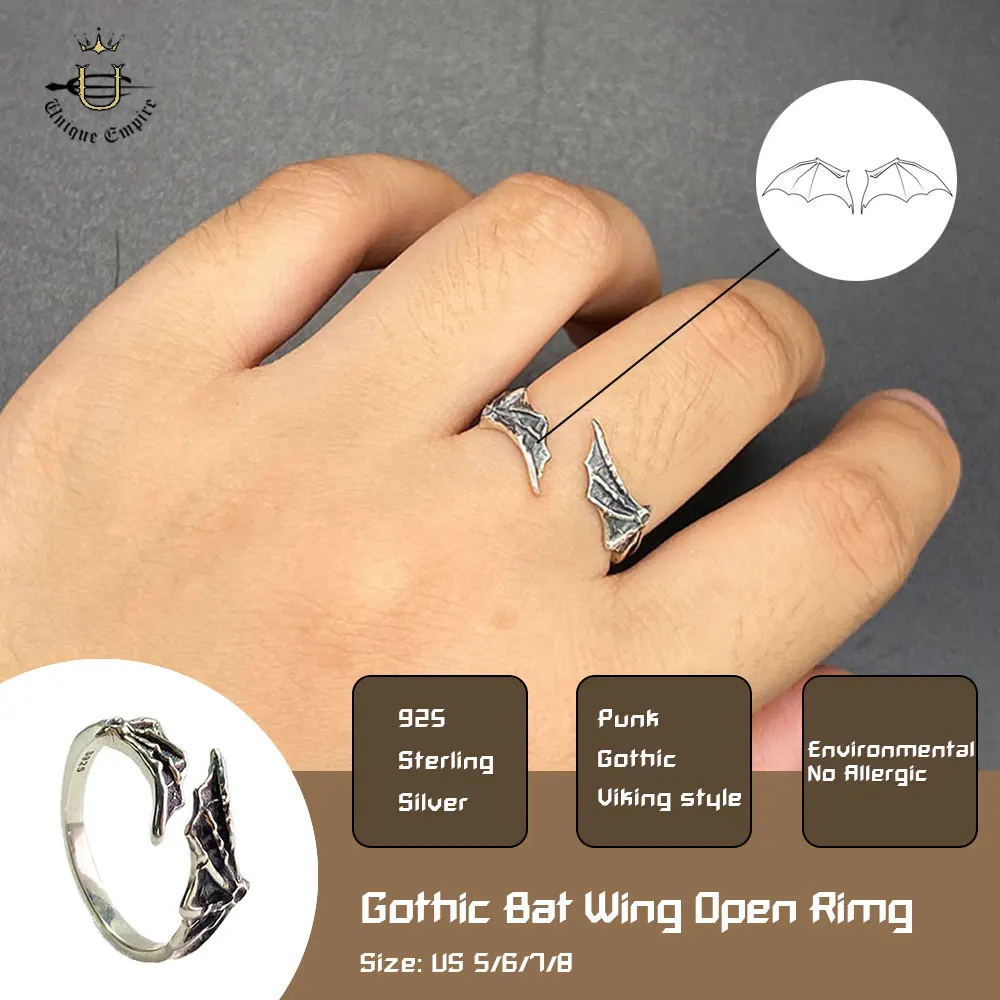 

925 Sterling Silver Bat Wing Ring with Skull Claw Gothic Halloween Jewelry for Men & Women Unisex Anniversary Gift