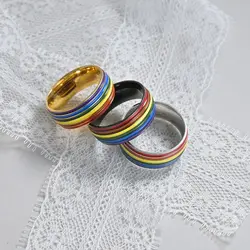 Rainbow Stripe Multicolour Rainbow Rings Stainless Steel Enamel Unisex Couple Rings Comfort fit Thick Finger Knuckle Bands