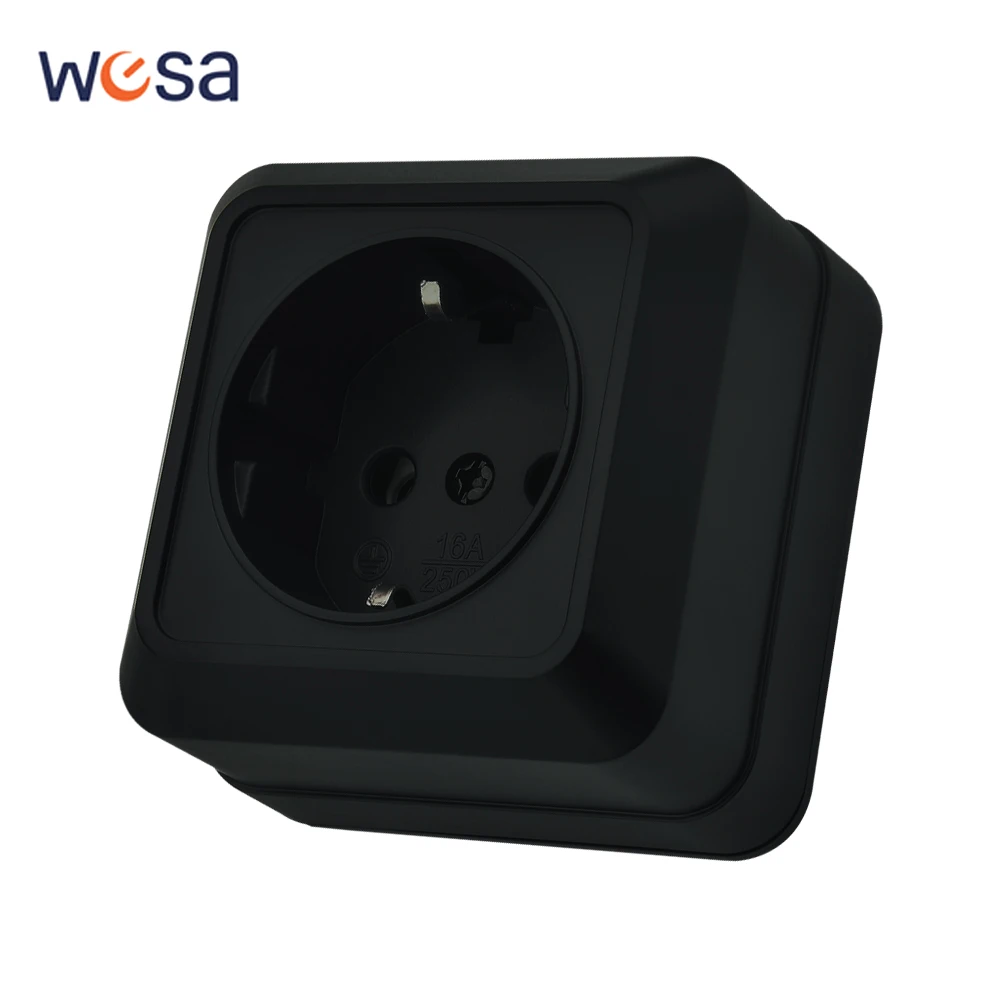 Black Electrical Outlets Plugs Socket With Ground Classic Wall Surface Flame Retardant Paint Plastic Power Sockets EU Standard
