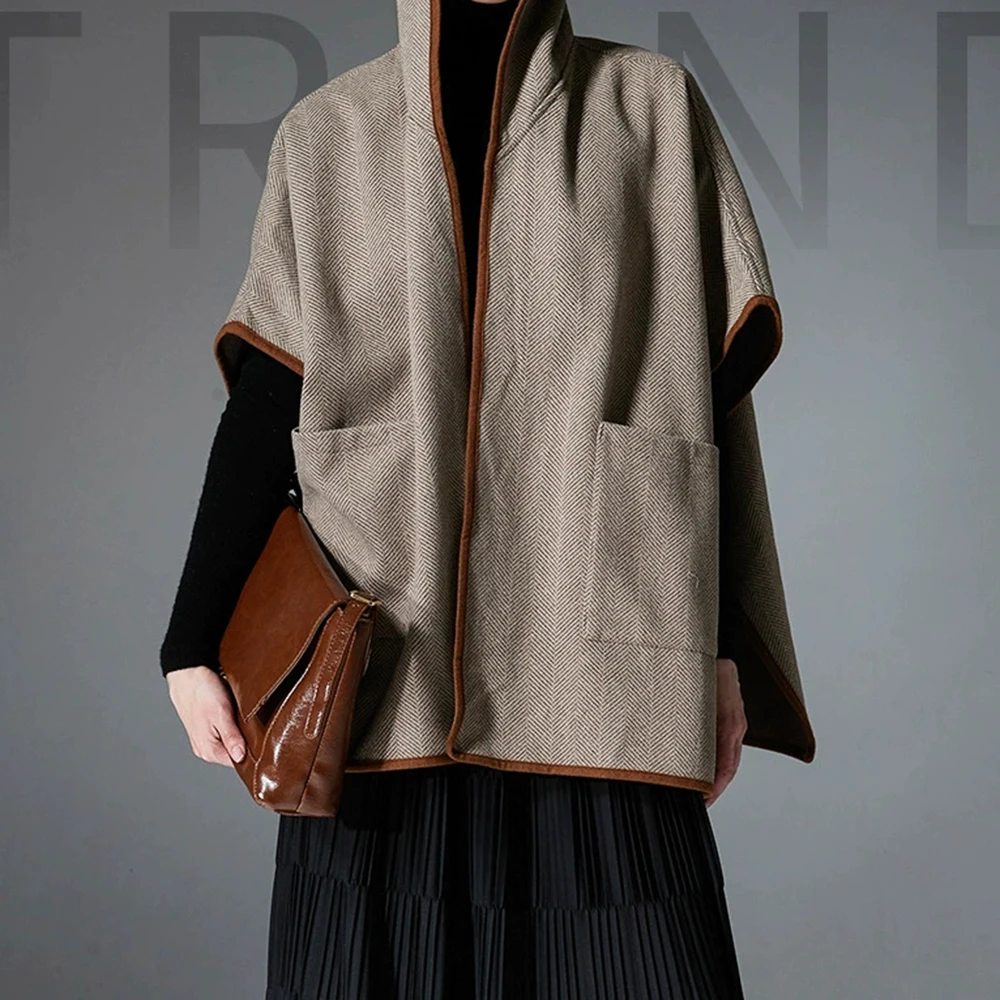 

Mid-to-high-end European and American autumn and winter new double-faced wool herringbone pattern hooded shawl-GZXX740