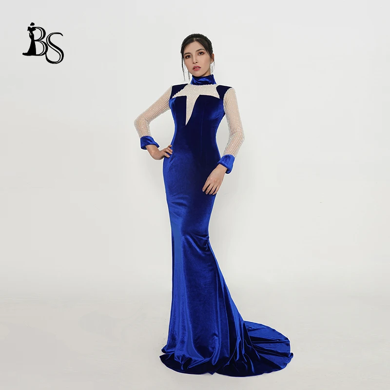 Baisha Luxury Custom Evening Dress Heavy Handmade Beaded Velvet Stand-Up Collar Gala Dress For Celebrities Party Prom Y17