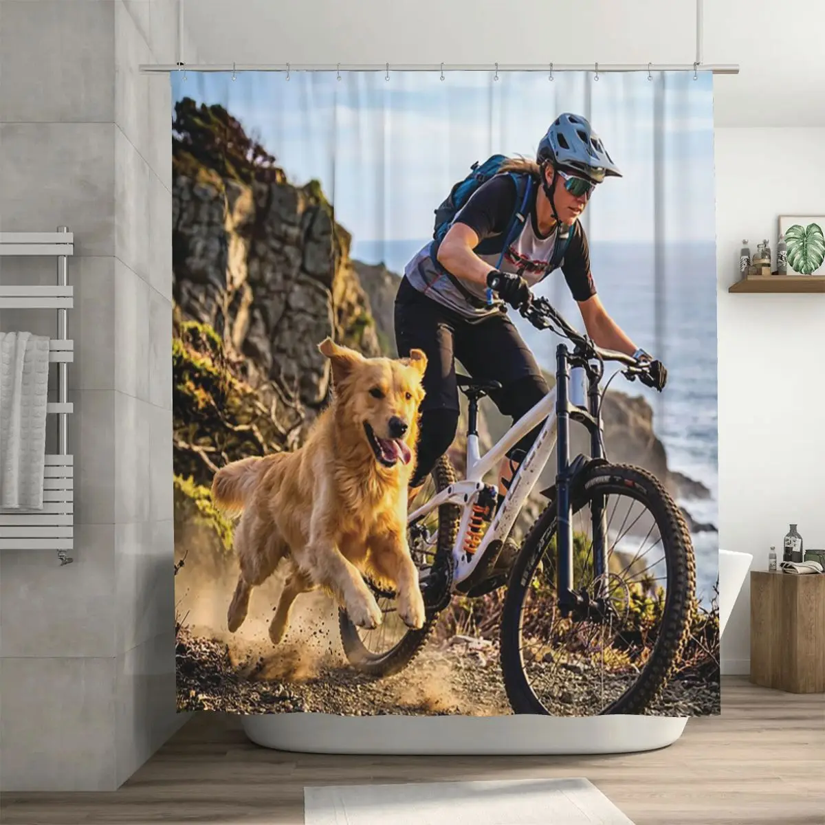 Freedom On The Edge Female Mountain Biker And Golden Retriever Trail Ride Shower Curtain Bathroom Bath Curtains with Hooks