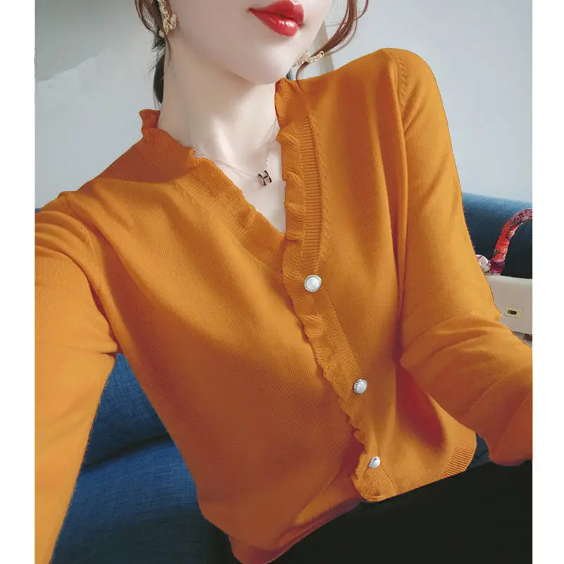 Elegant V-Neck Solid Color Button Spliced 2022 Autumn New Oversized Shirt Loose Casual Tops Commute Women\'s Clothing Blouse