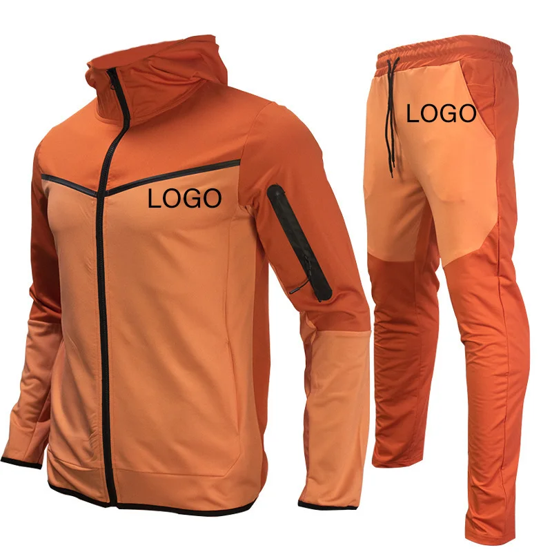 Bearbeiten Sie Ihr Logo Herren Trainings anzug 2 Stück Sport Set Joggen und Hoodies Langarm Mantel Reiß verschluss Patchwork Kleidung