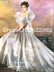 Customized  Demetrios Vintage 1980 Wedding Dresses Puffy Shoulder Sleeve Lace Stain Beaded Princess Couture Church Bridal Gowns