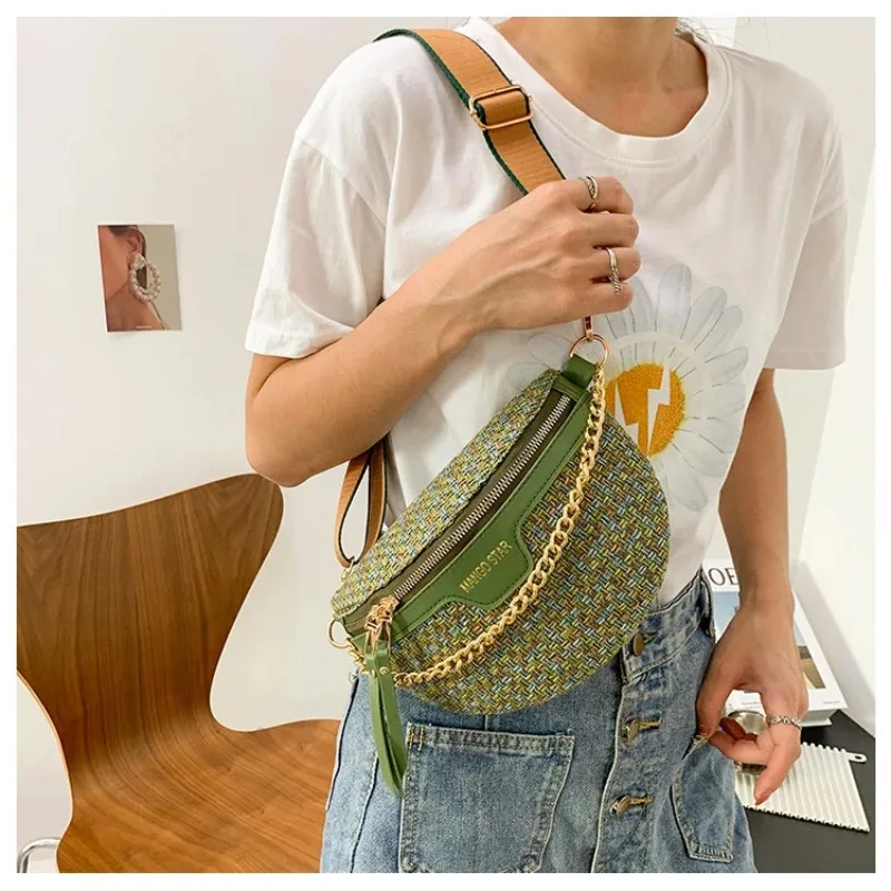 New Fashion Knitted Waist Packs for Women Weaving Fanny Packs Female Phone Purses Waist Bags Ladies Wide Strap Crossbody Bags