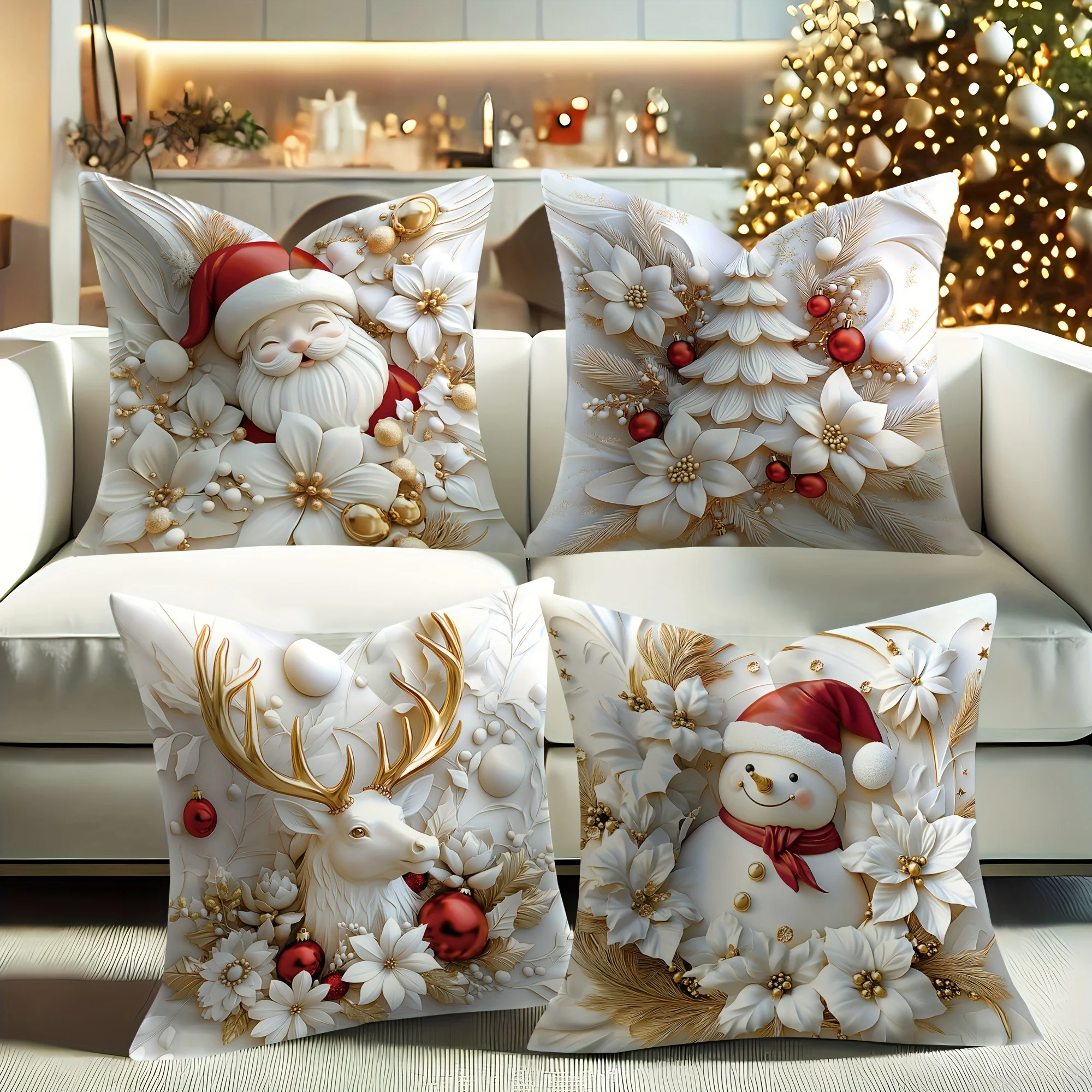 Juego de 4 fundas  almohada navideñas - Fundas  almohada modernas  poliéster con diseño 3D de Navidad  Papá Noel, muñeco