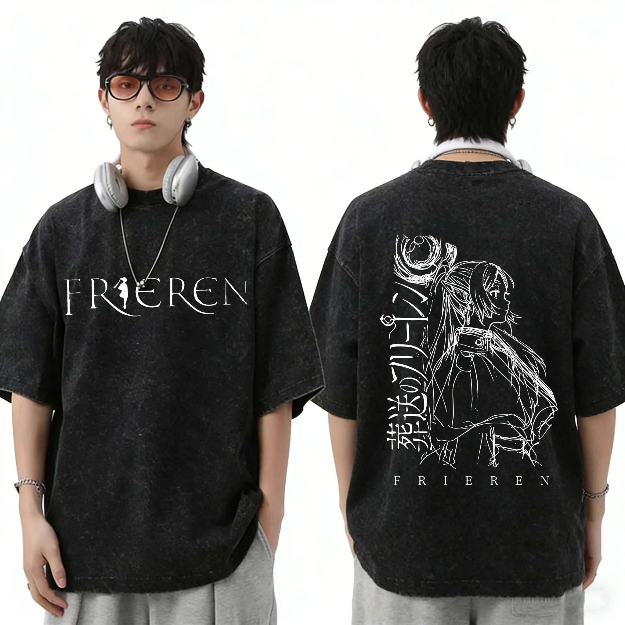 Washed Vintage Anime Frieren Beyond Journey's End T-shirt Men Women Casual Cute Kawaii T Shirts Unisex Cotton Oversized T-shirts
