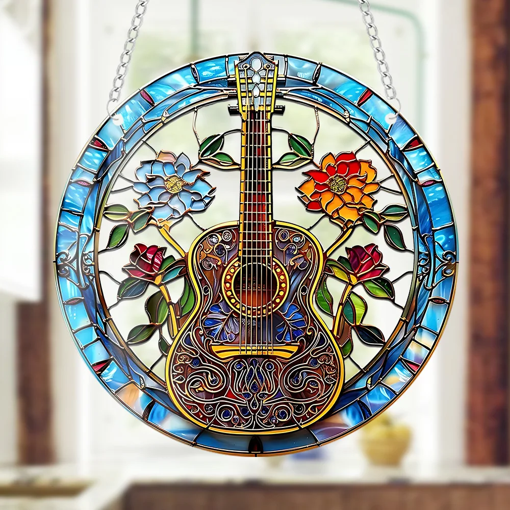 

Guitar Stained Glass Sun Catcher Window Hanging Indoor Outdoor Music Wall Art Decoration