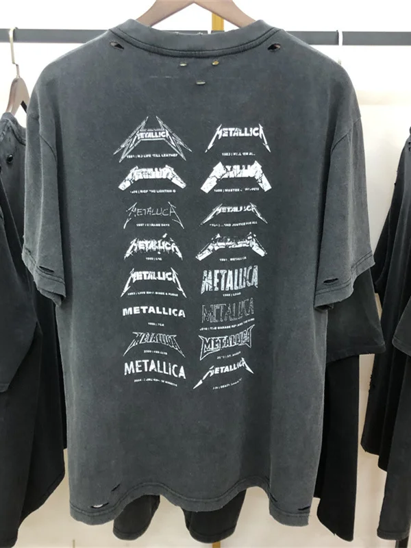 Retro Washed Vintage Loose Short Sleeve T-Shirt Unisex Trendy Rock Band Water Washed Clothing Cotton Polyester Blend round Neck
