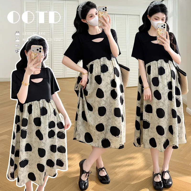 Maternity Dress Summer 2026 Short Sleeve Hollow Out Polka Dot A Line Dress Loose Comfortable For Pregnant Women
