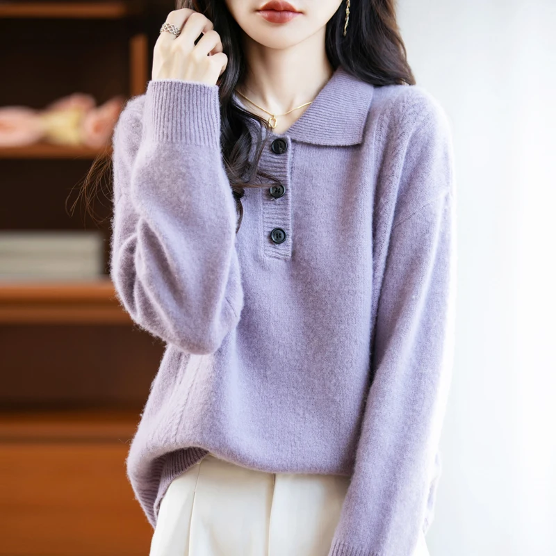 

100% pure wool sweater 2025 autumn and winter new POLO collar pullover, Korean fashion lapel soft knitted cashmere top for women