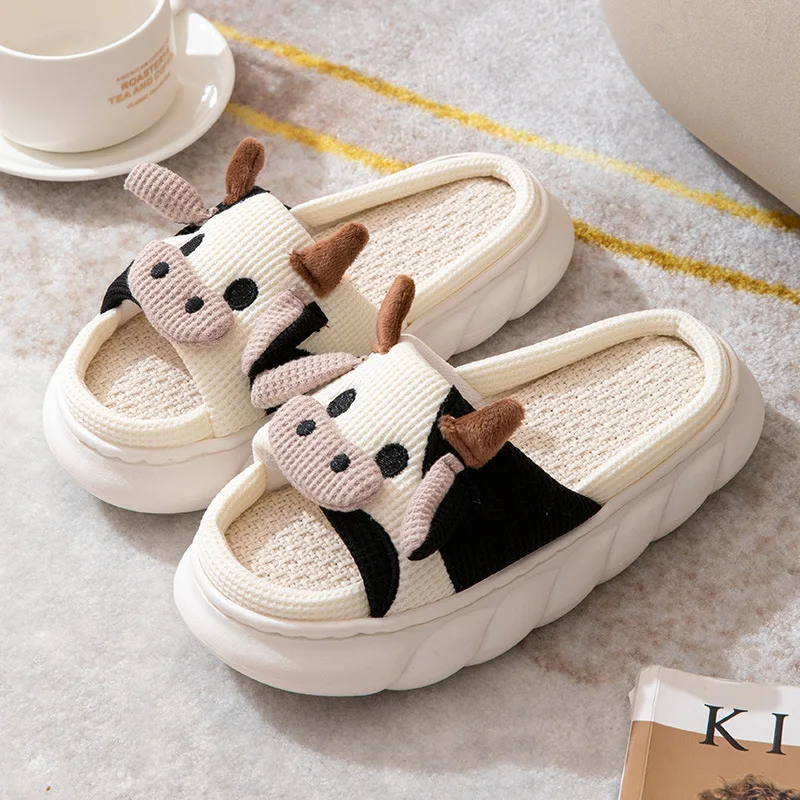 Women's Lovely Dairy Cattle Slippers, Linen Insole Non-slip Indoor Shoes, Thick-soled Shoes in House