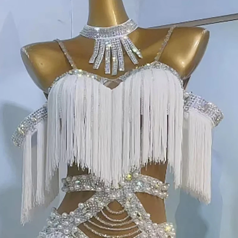 Image of Lateinischer Tanzwettbewerb Damen High-End Custom Pearl Belly Quaste Sling Cha Samba Performance Strass Kleid