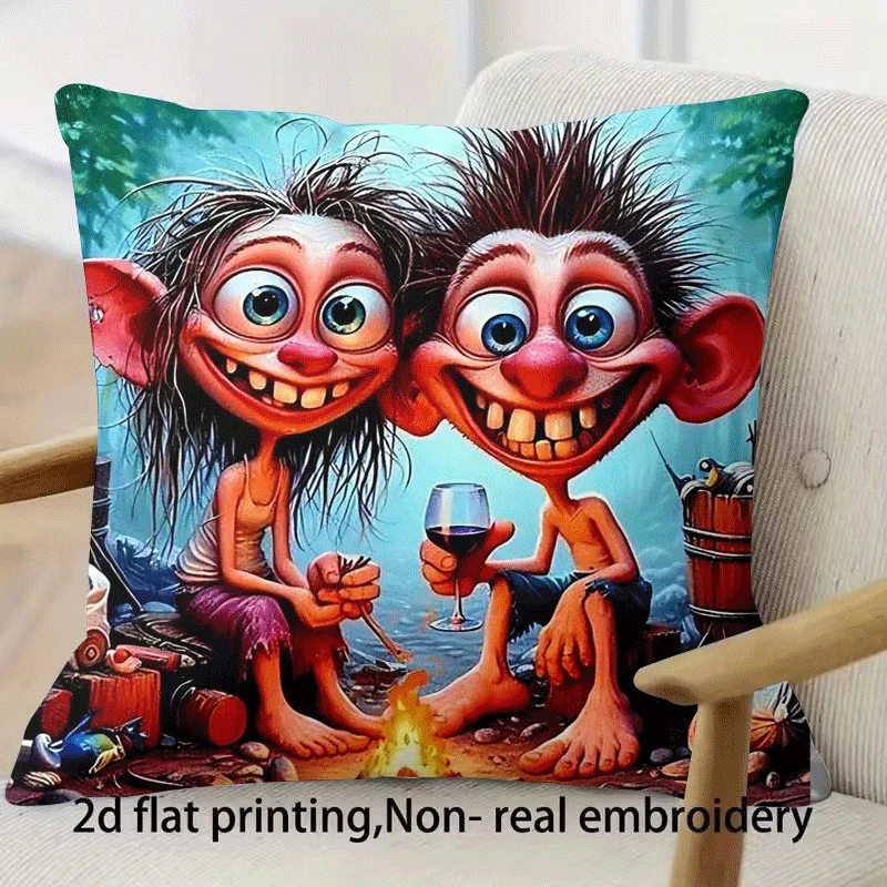 Funny Goblins Pillow Case, Cute Fantasy Creatures Cushion Cover, Campfire Wine Art, Quirky Monster Decor, Unique Gift for Gamers