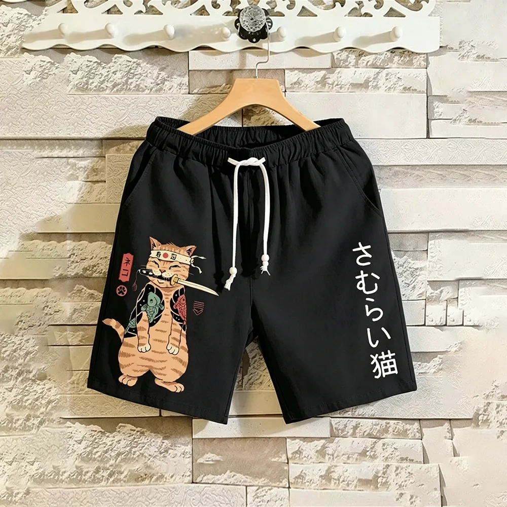 3D Anime Japanese Samurai Cat Beach Swimming Quick Dry Drawstring Pocket Shorts Hip Hop Summer Trunks for Women And Men