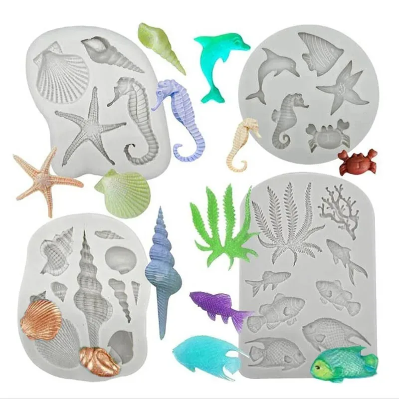 4PCS for Marine Theme Fondant Silicone Mold Seaweed Sea Fish Crab Coral Conch Sea Shells Shape DIY Handmade Baking Tools