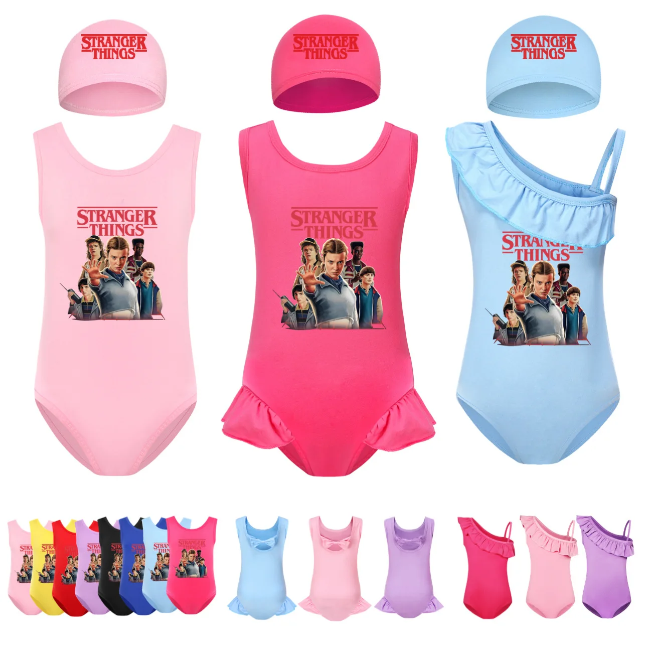 

Комплект синего купальника с принтом для девочек - цельный купальник + шапочка для плавания для уроков плавания