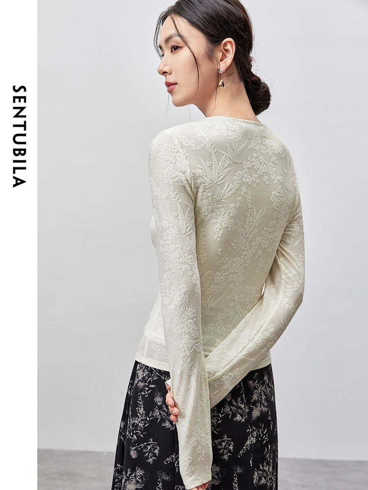 SENTUBILA Jacquard Hollow Out Lace T-shirt Women 2024 Autumn Chinese Style Elegant O Neck Long Sleeve Folds Pullover 143S54541