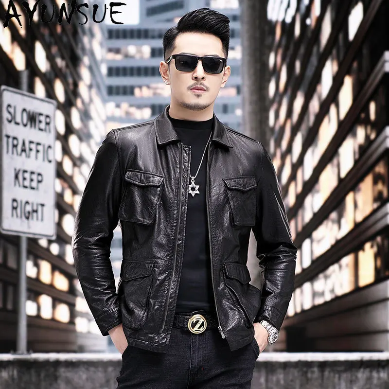 Tcyeek Top Layer Cowhide Real Leather Jacket Men 2026 Casual Autumn Clothes Thin Leather Coat Male Multi-pocket Casaco Masculino
