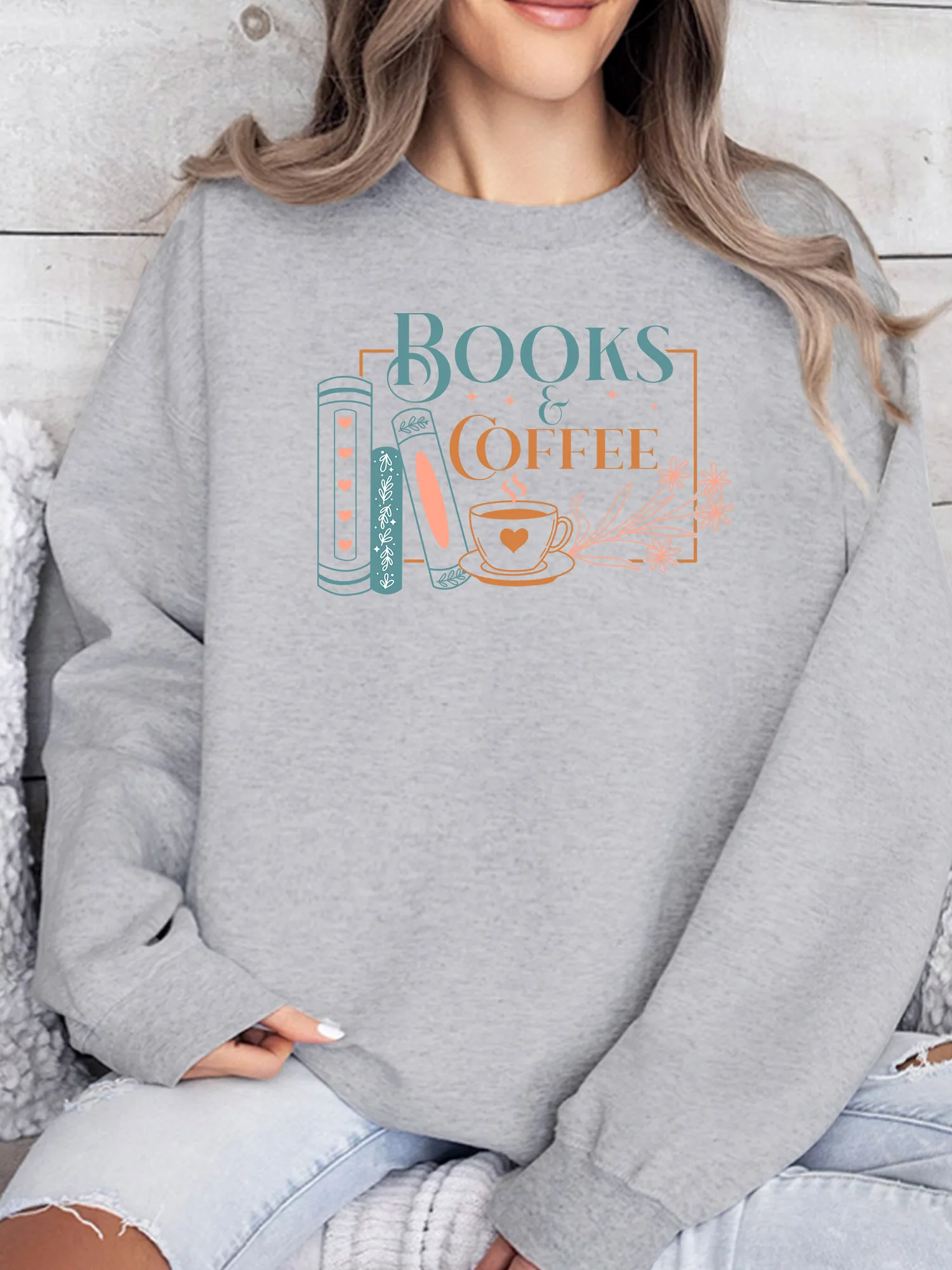 

Женская толстовка Books Coffee с круглым вырезом, повседневный пуловер с длинными рукавами, свободный крой, модная уличная одежда