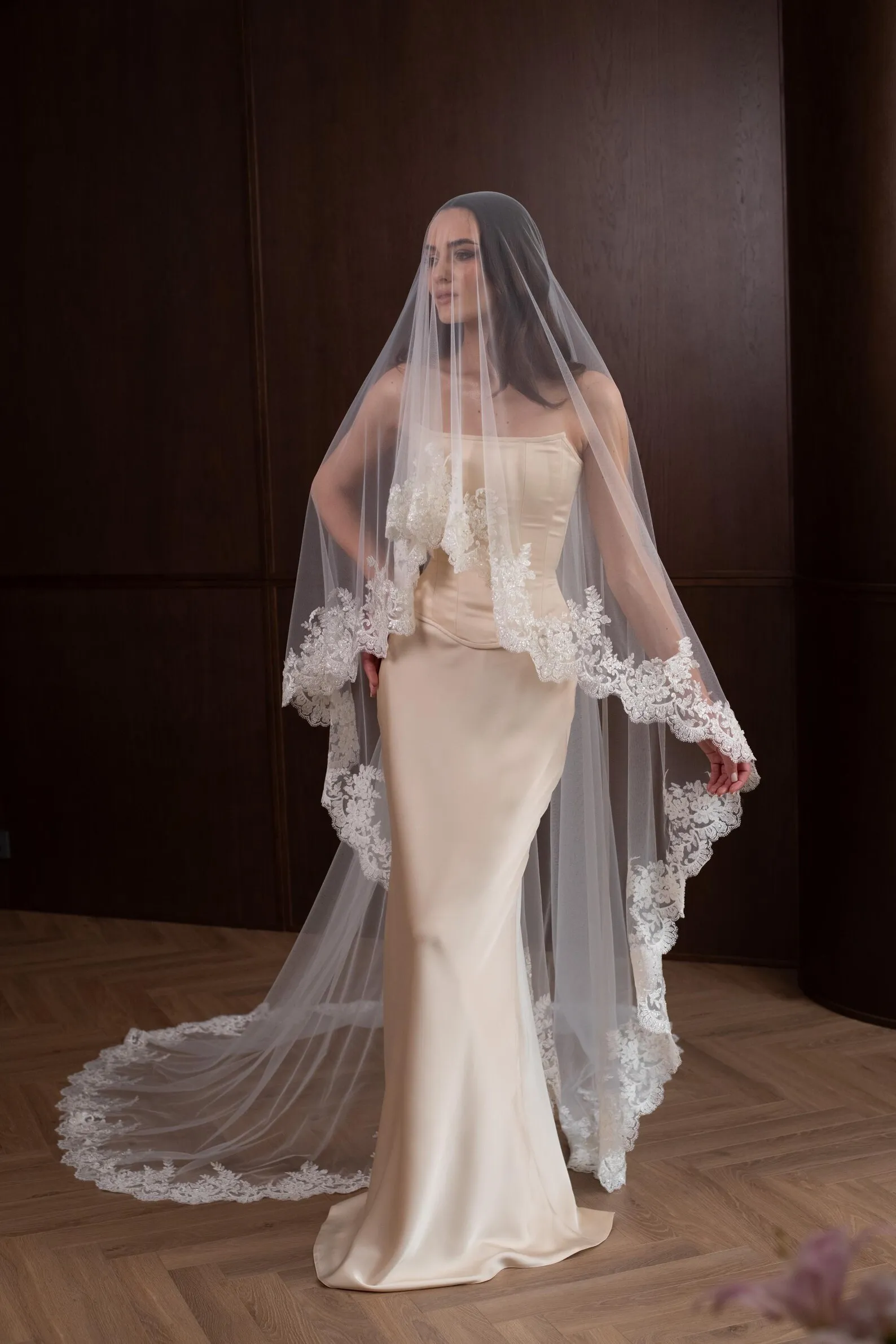 Handmade Cathedral Pearl Wedding Veil with Beaded Lace Edge Elegant Long Bridal Veil Designer Romantic Wedding Accessories
