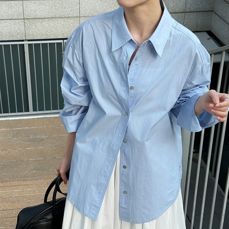 

Женские рубашки-блузки однотонные с длинным рукавом, отложным воротником, на пуговицах, с завышенной талией, свободного кроя, повседневные, офисные, весна 2026