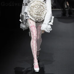 Student Cosplay Bow Print Lolita Tight Pantyhose Autumn Fashion JK Cute Dance Socks Women Slim-Fit Sexy Pink Stockings Leggings