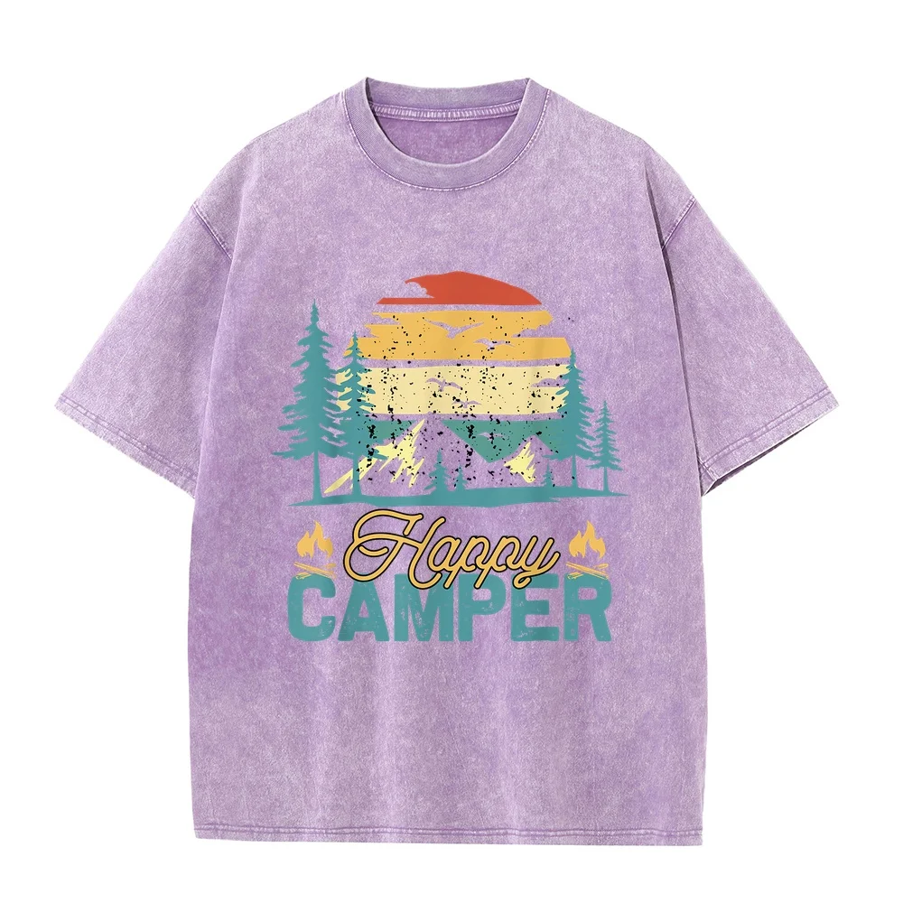 Happy Camper Retro Vintage Funny Matching Camping Crew T-Shirt mountain tree vally campfire Overfit Men's Short Sleeve High End