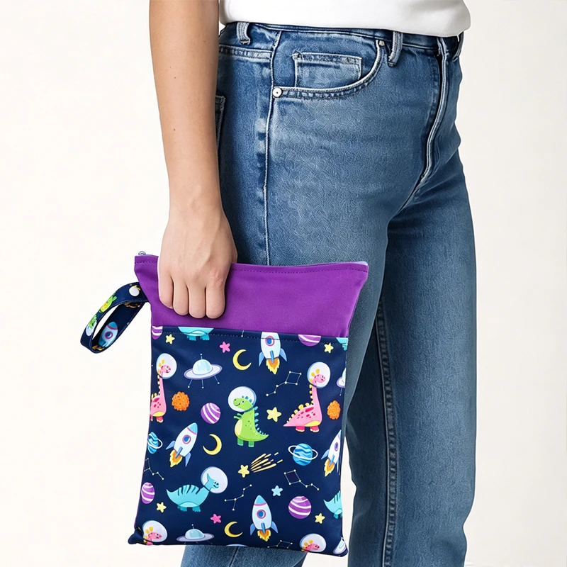 2pcs Dinosaur Prints Double Pocket Storage Bag Large Size Washable Reusable Wet Bag for Swimsuit Travel Beach Pool