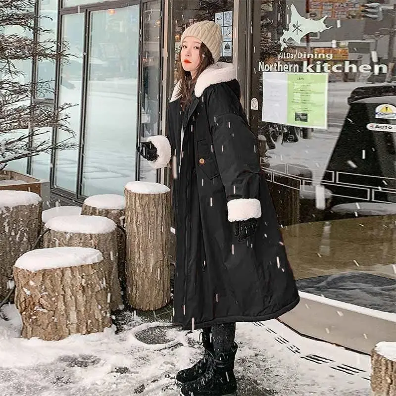 2026 New Lamb wool Cotton Jacket Women's Korea Loose Winter Plus velvet Snow Parkas Warm Hooded Coat Casual Female Long Overcoat