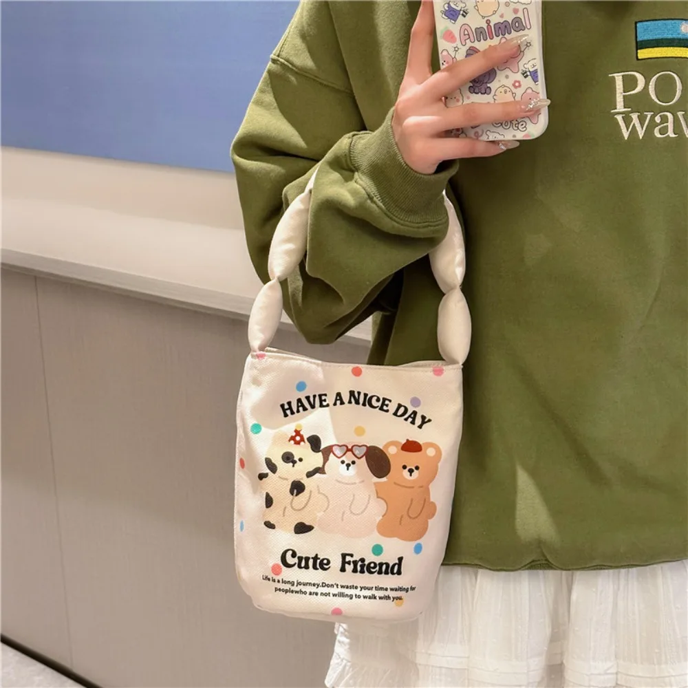 Cartoon Graffiti Print Bag Large Capacity Canvas Cute Bucket Lunch Bag Snap Handbags Shopping Bag Cosmetics Storage Handbag