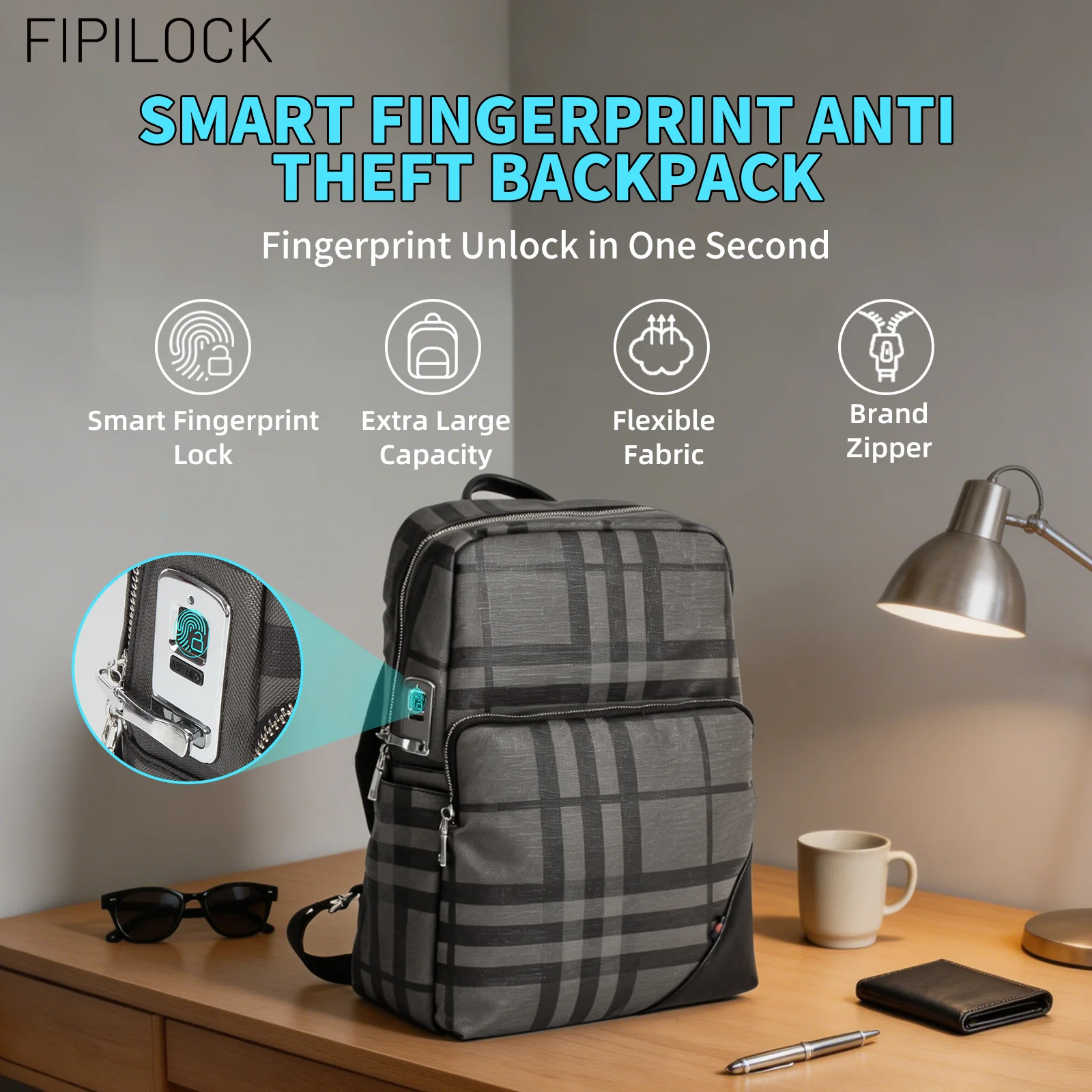 FIPILOCK Backpack Bag for Men Woman Laptop Bag Business with Smart Fingerprint Unlock Travel Bag THigh-Quality Computer Bag