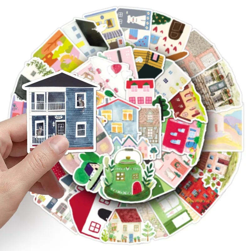 50pcs Cute Drawing House Stickers Set Hand-Painted Watercolor Cartoon Decals for Phone Case Laptop Journal Cute Home Decor Kids