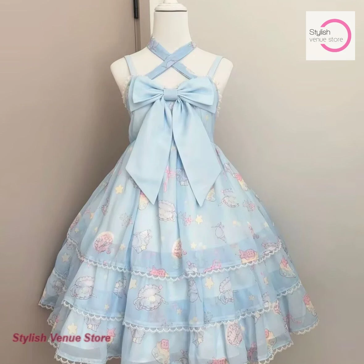 

Japanese Lolita sweet and lovely bow jsk dress women's spring and autumn new temperament design sense slim fluffy cake skirt.