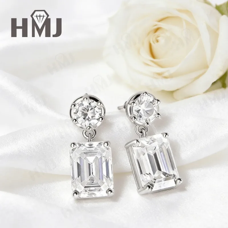 

Emerald-Cut & Round Moissanite Earrings with 2.2/4.6CT D Color Moissanite S925 Silver Plated for Engagement Daily Party Gift