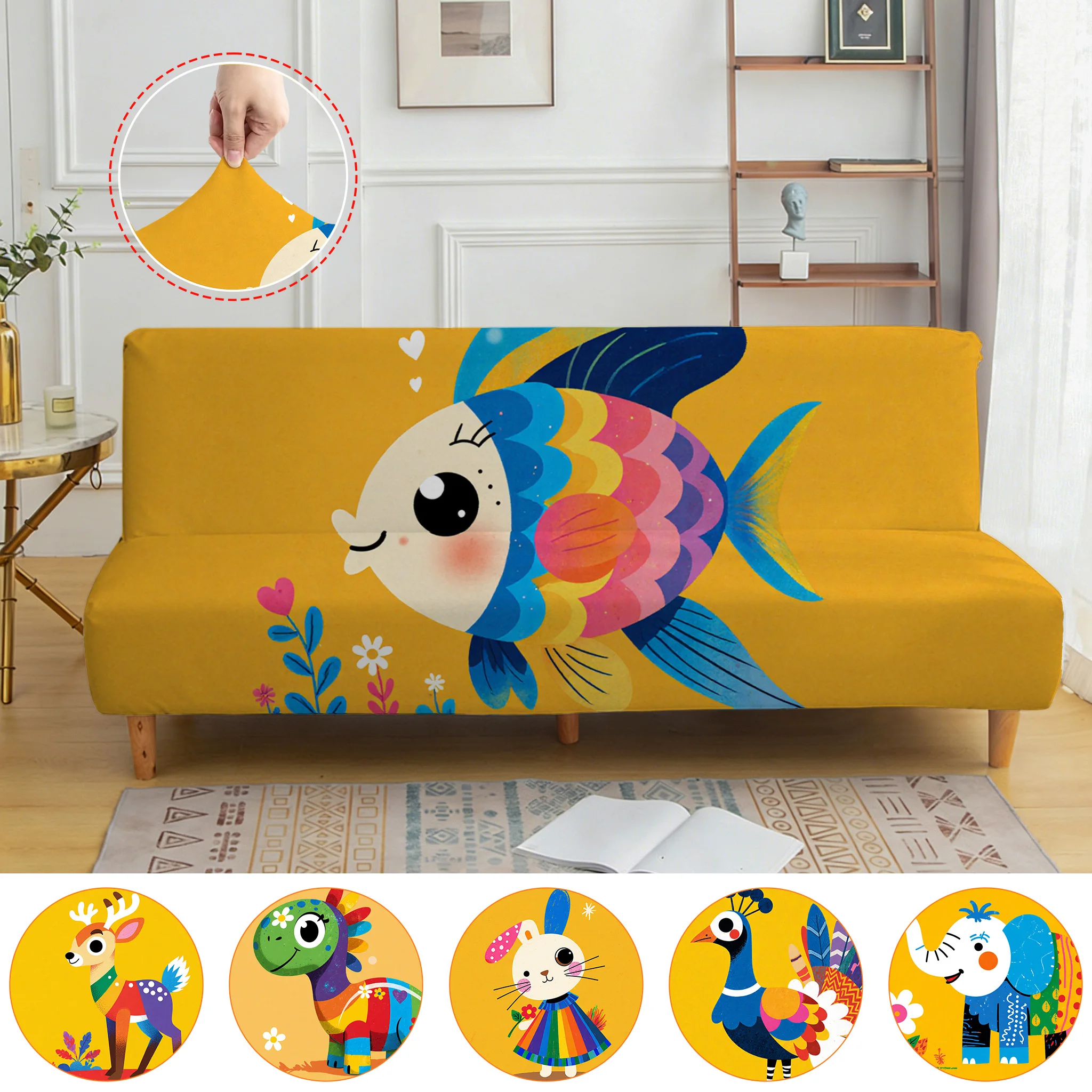 

Bright Color Cartoon Striped Fish Wildflower Pattern Washable Anti-slip Stretch Futon Sofa Bed Cover Daily Home Decor