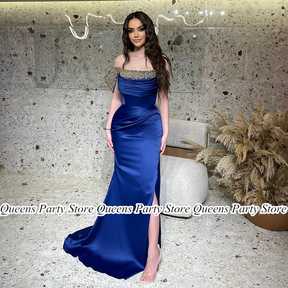 

Sexy Royal Blule Mermaid Prom Dresses Evening Gown Off The Shoulder Pearls Pleat Side Split Sweep Train Party Dress Robe Soiree